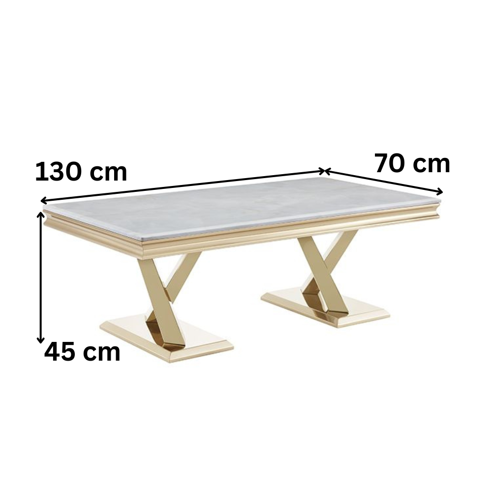Couchtisch mit Marmor-Optik und vergoldeten Edelstahlbeinen