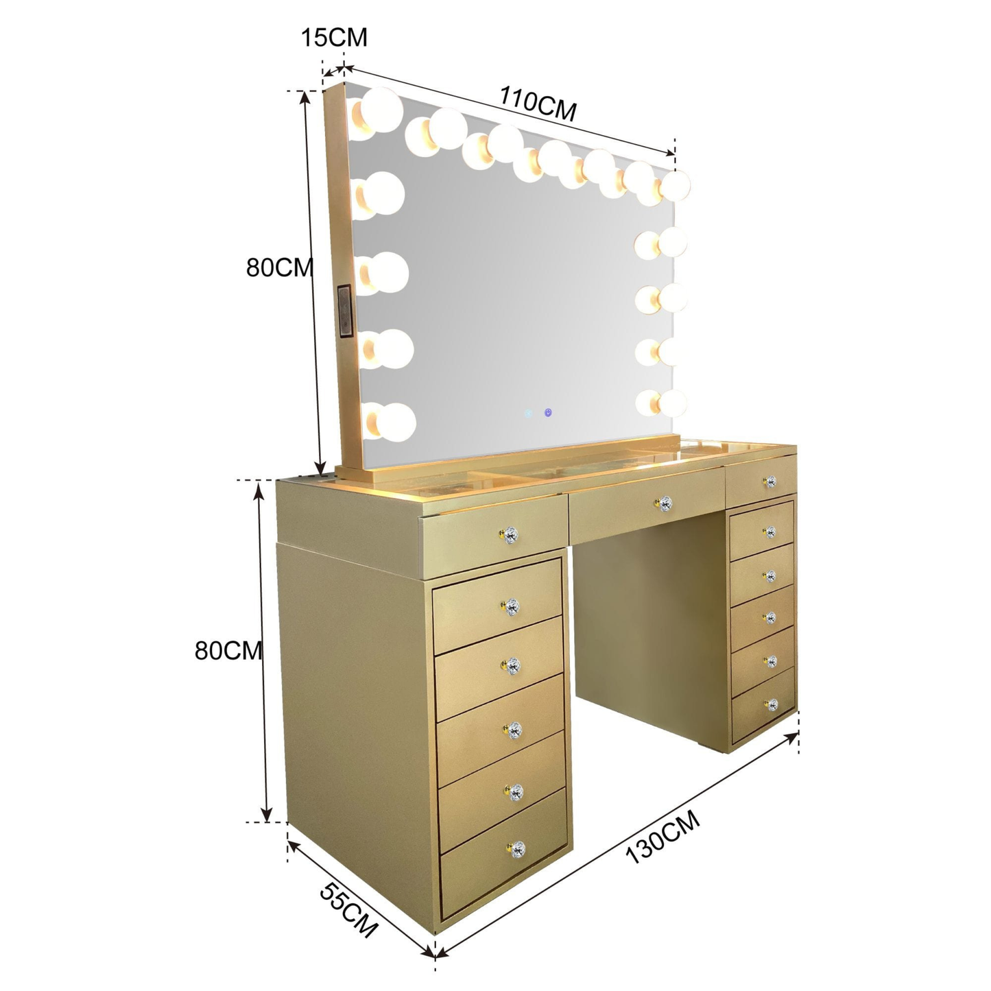 Schminktisch LUMINA VELVET inkl. Spiegel mit LED-Beleuchtung Gold