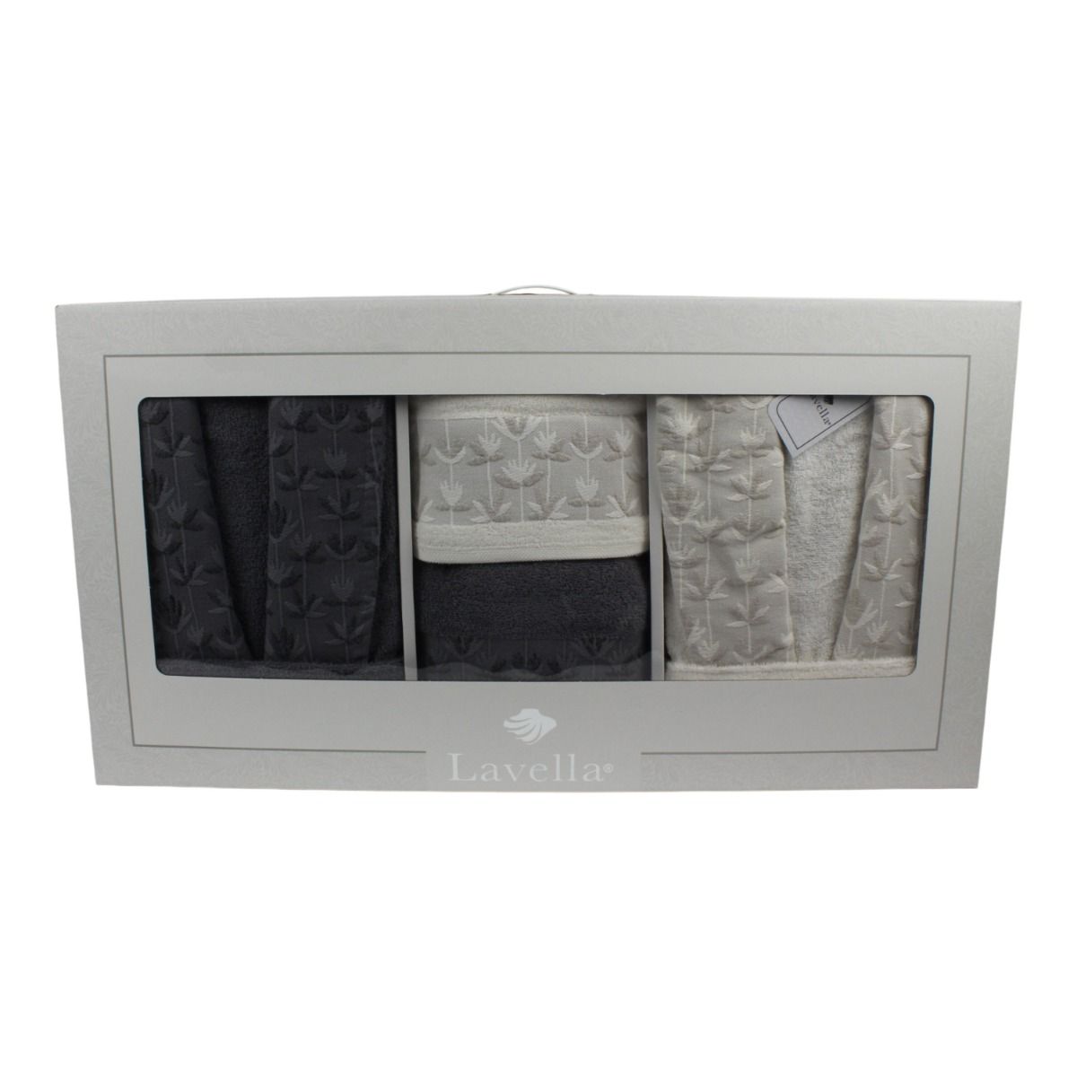 Bademantel - Wellness Set Sibel 6-teiliges Luxus Set aus Baumwolle Hellgrau-Creme