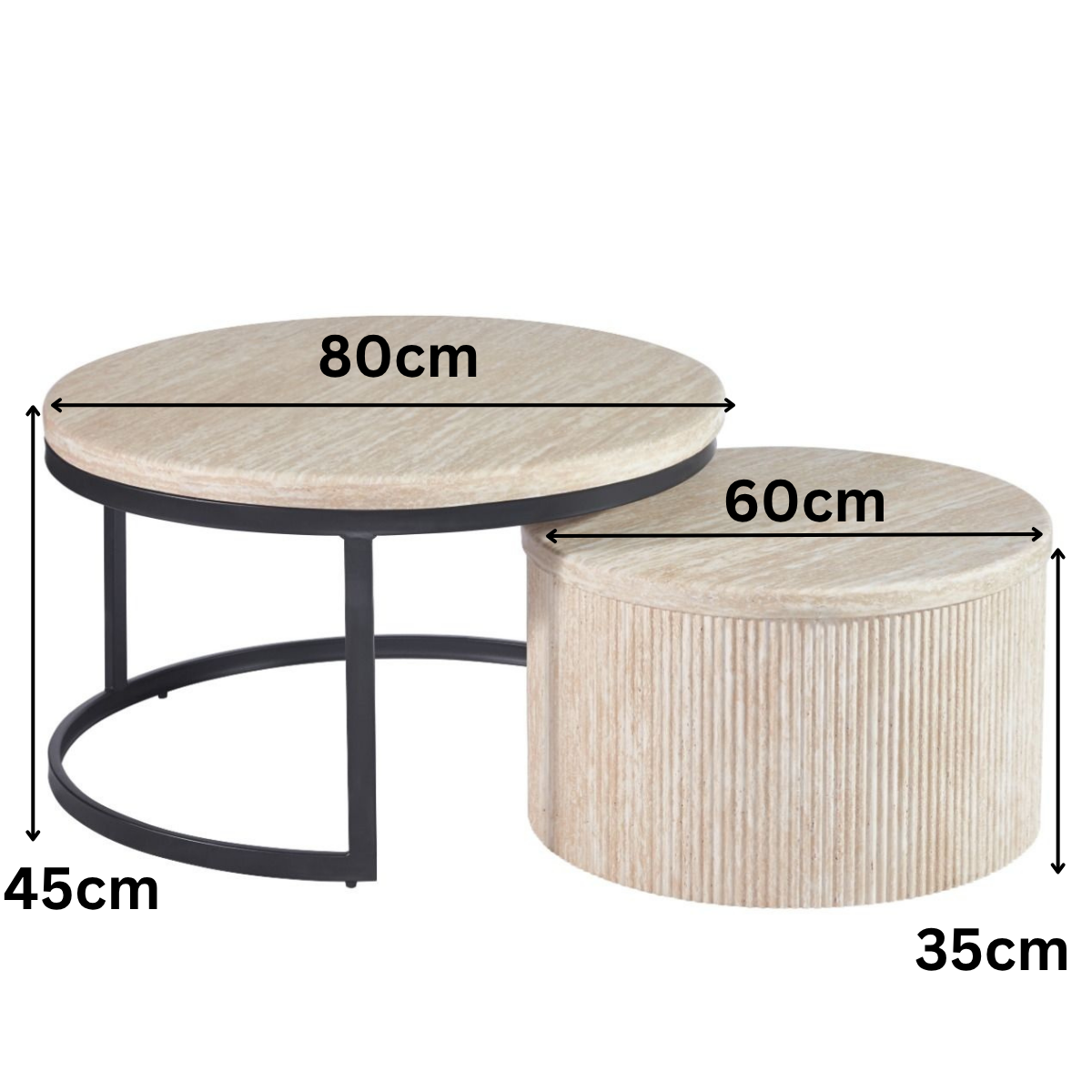 Couchtisch 2er Set Manzano Travertin Platte MDF Säulenstil Ø80X45 + Ø60X35 CM beige