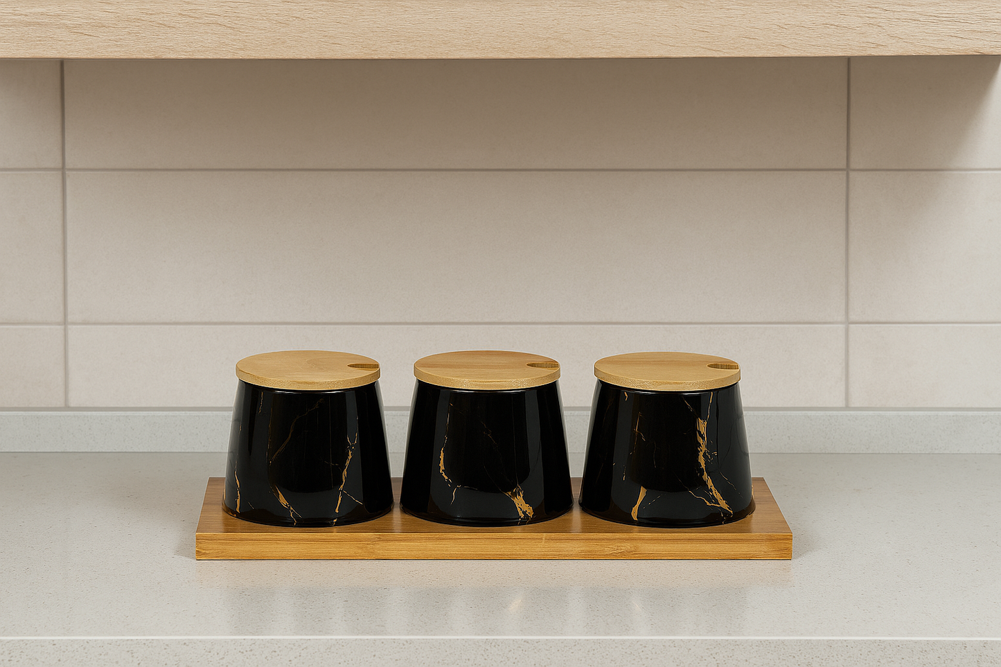 Bricard Gewürzbehälter Set Aufbebahrungsbox Set Marmor Optik 4-tlg. Marmoroptik inkl. Tablett schwarz