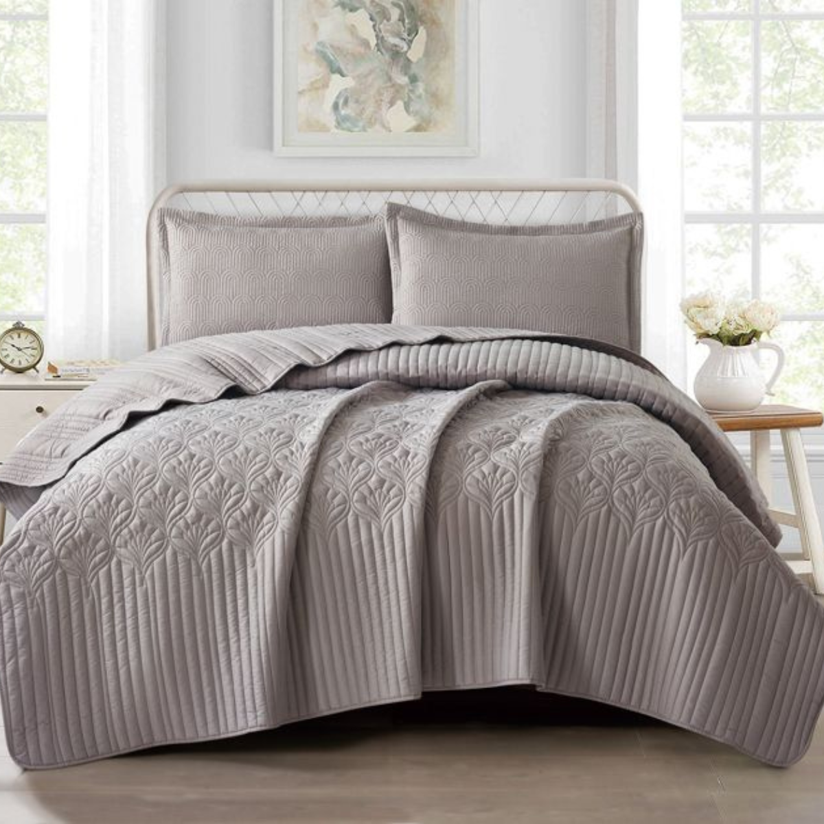 Tagesdecke Set Nilüfer Überwurf Decke 3-Teilig 240X260 CM , atmungsaktiv 2-Personen Braun