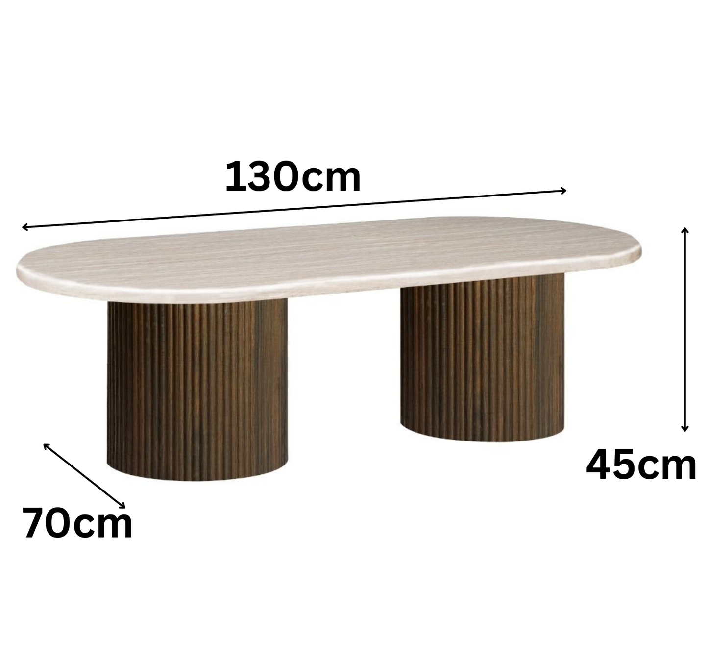 Moderner Couchtisch mit ovaler Travertin-Tischplatte – 130 x 70 x 45 cm