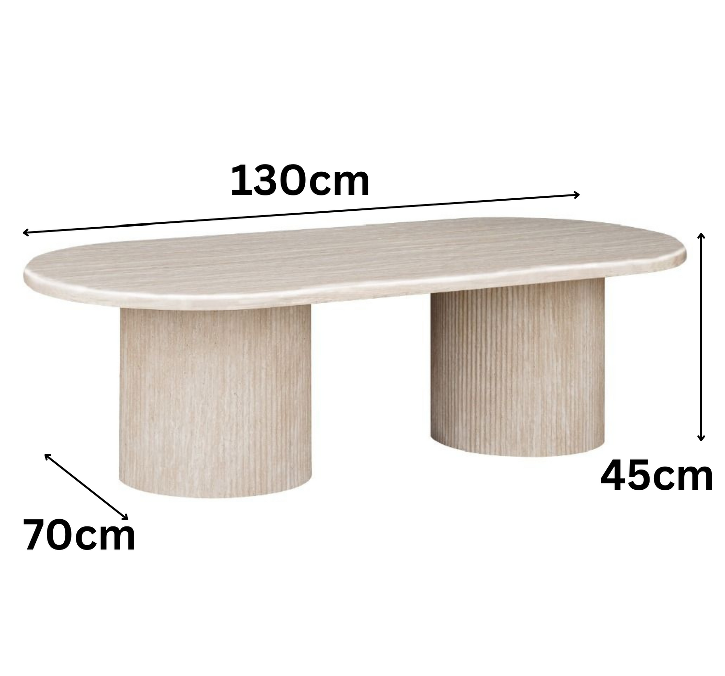 Moderner Couchtisch mit ovaler Travertin-Tischplatte – 130 x 70 x 45 cm