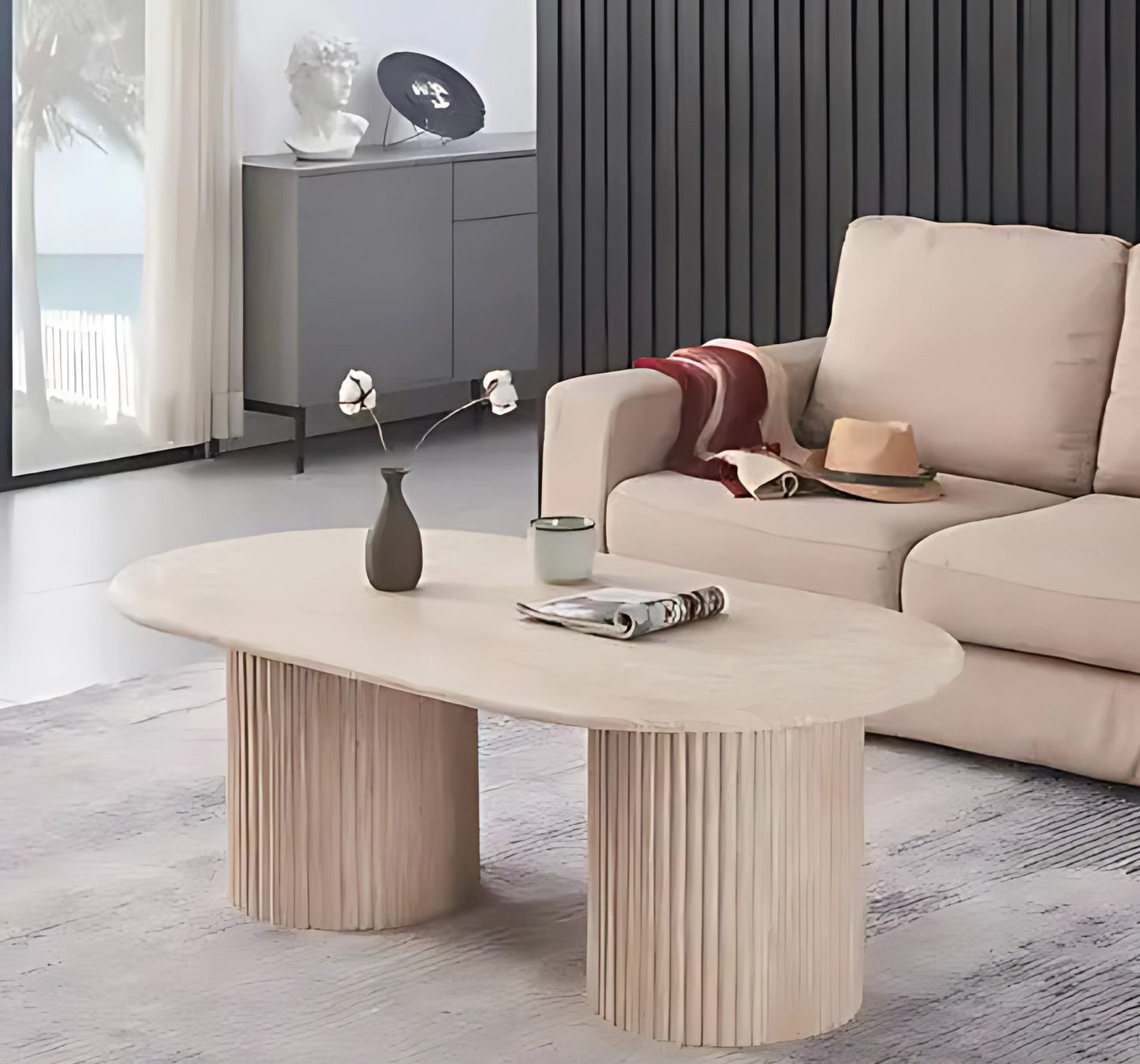 Moderner Couchtisch mit ovaler Travertin-Tischplatte – 130 x 70 x 45 cm