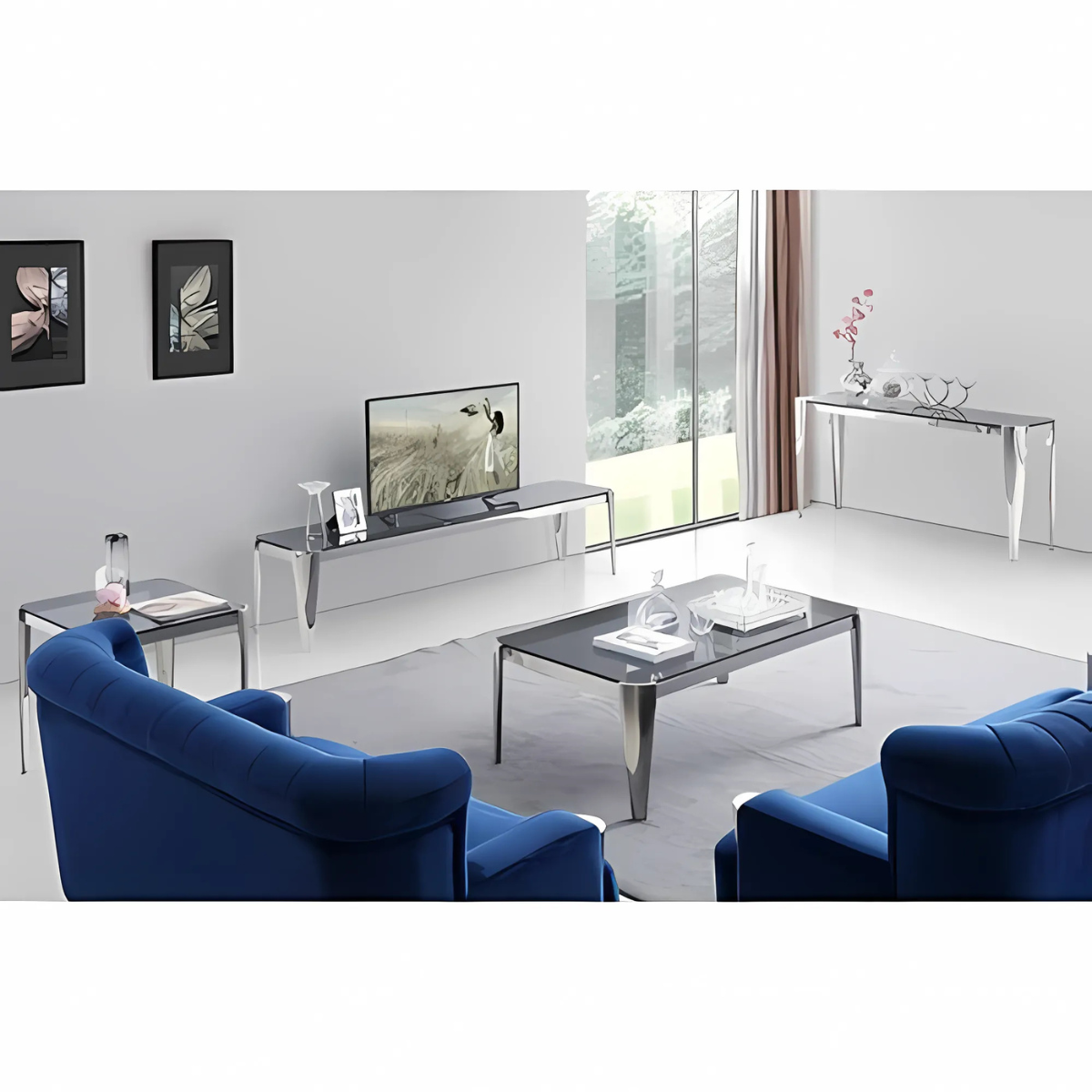 Moderner TV Bank Plato Tischplatte aus Glas Grau 200 cm