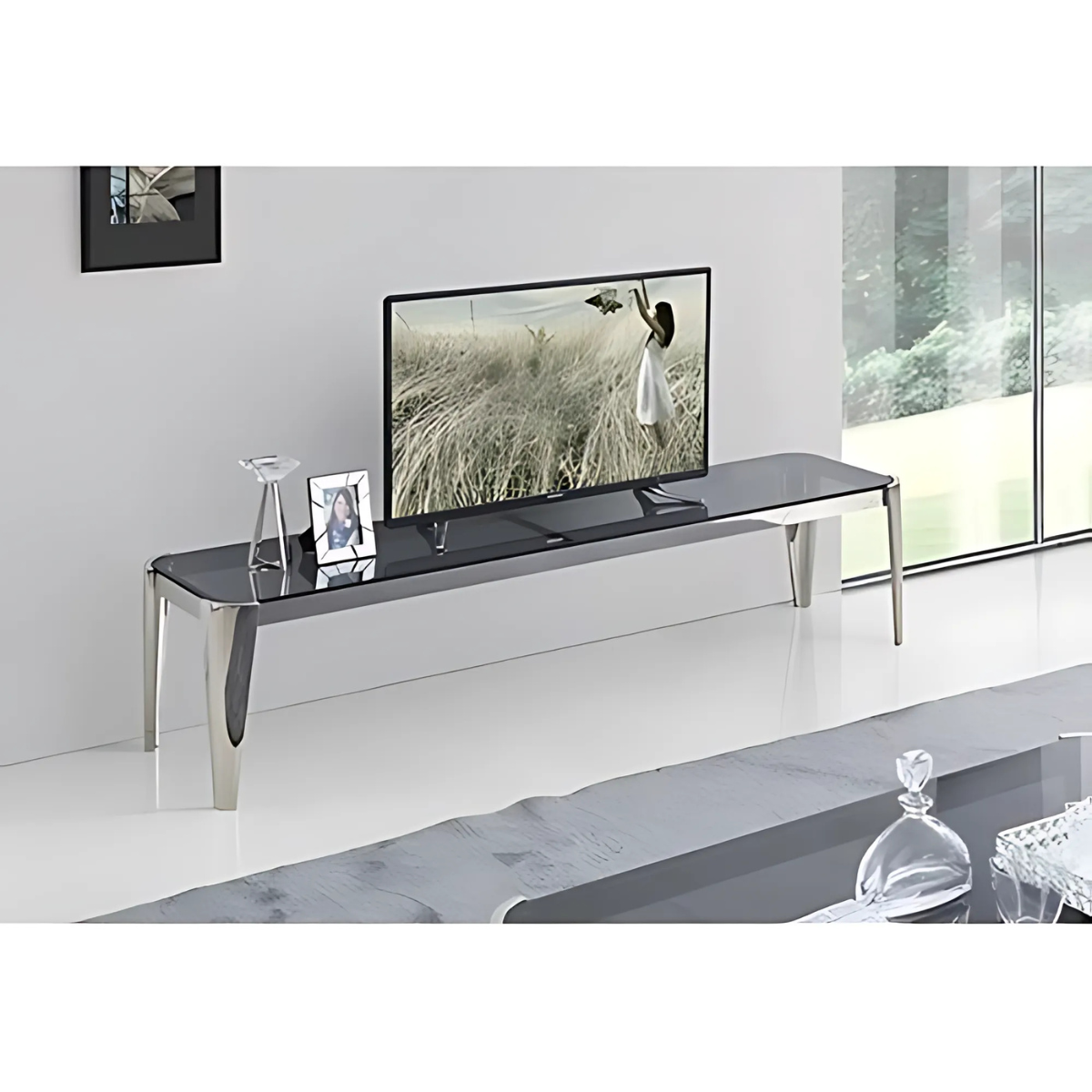 Moderner TV Bank Plato Tischplatte aus Glas Grau 200 cm