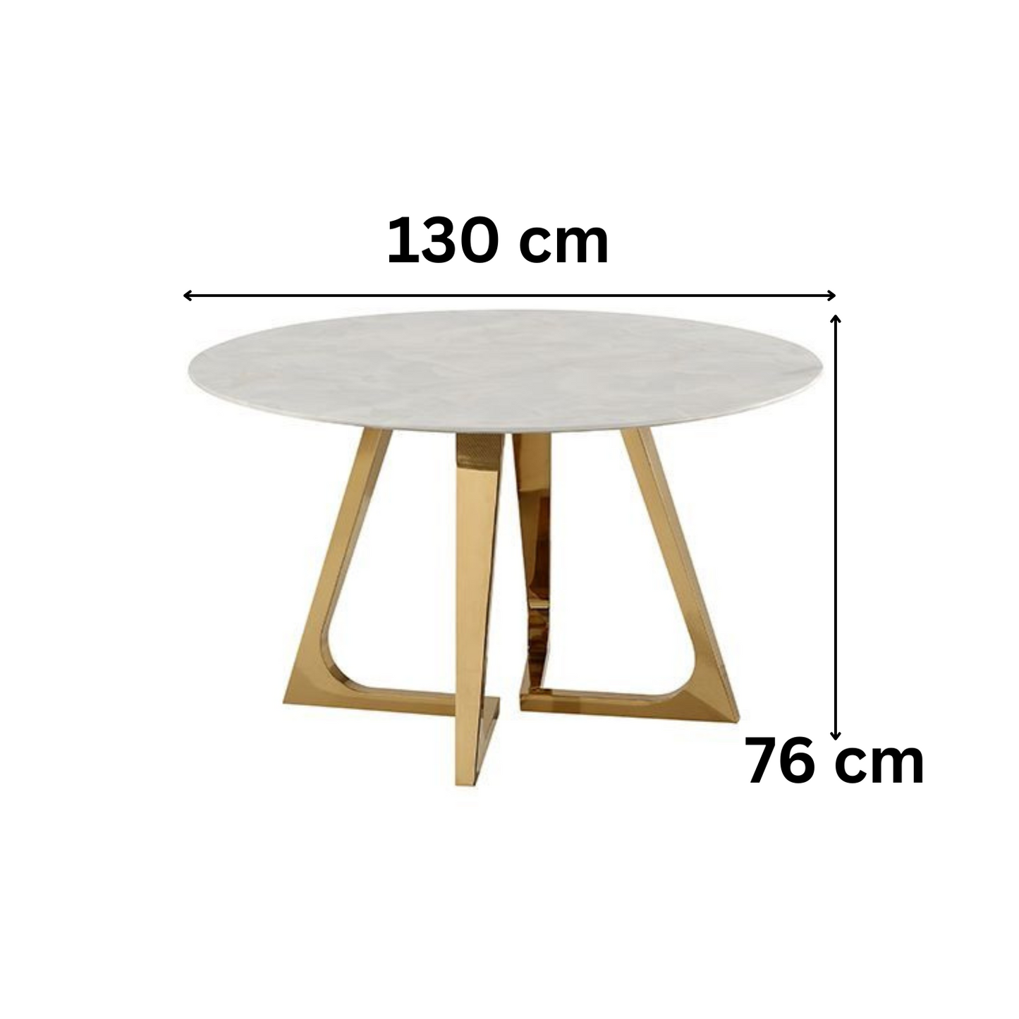 Moderner runder Esstisch in weißer Marmor-Optik mit Edelstahlbeinen 130 cm, Höhe 76 cm