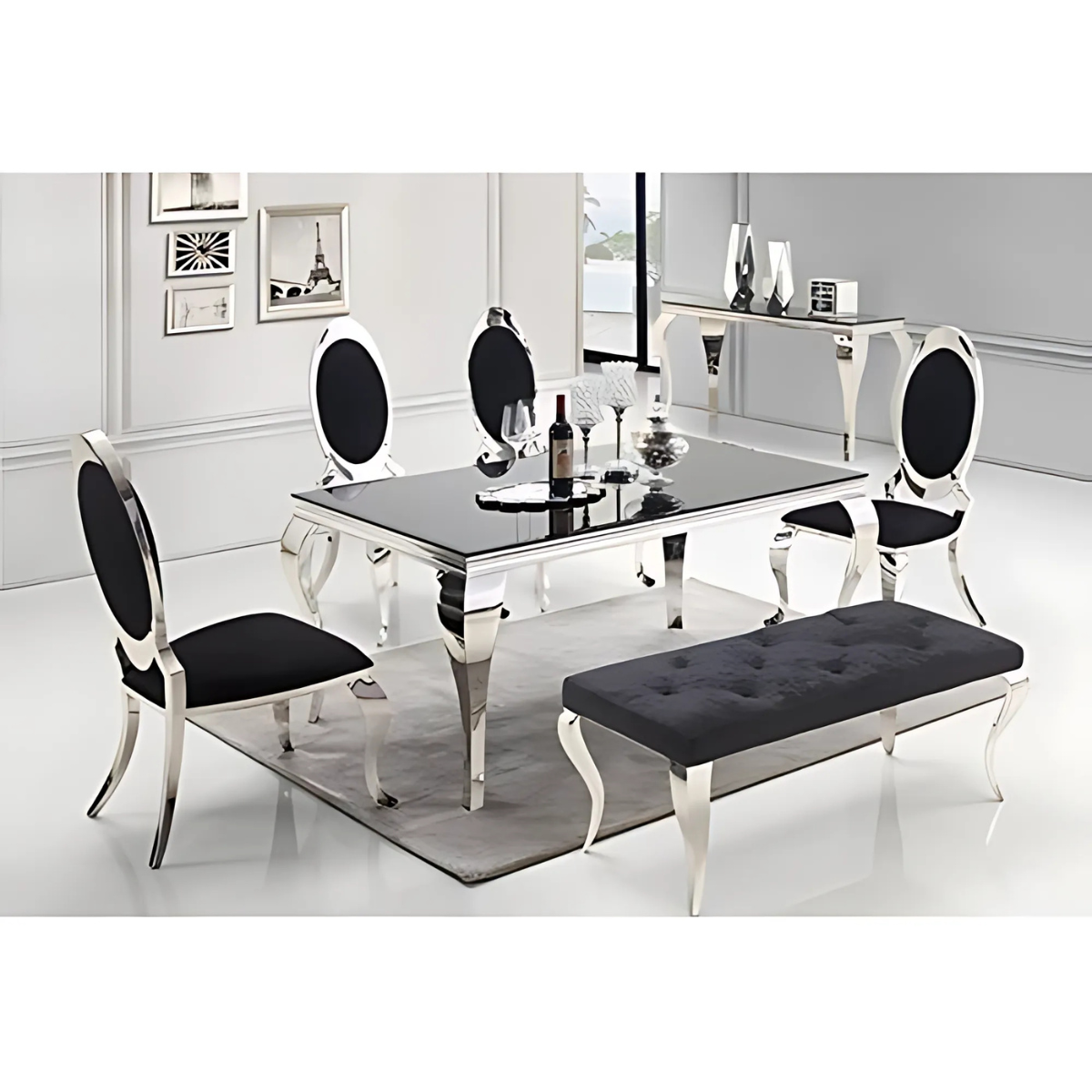 Esstisch Milano mit edlen Edelstahlbeinen Tischplatte aus Glas 180cm Silber-Schwarz