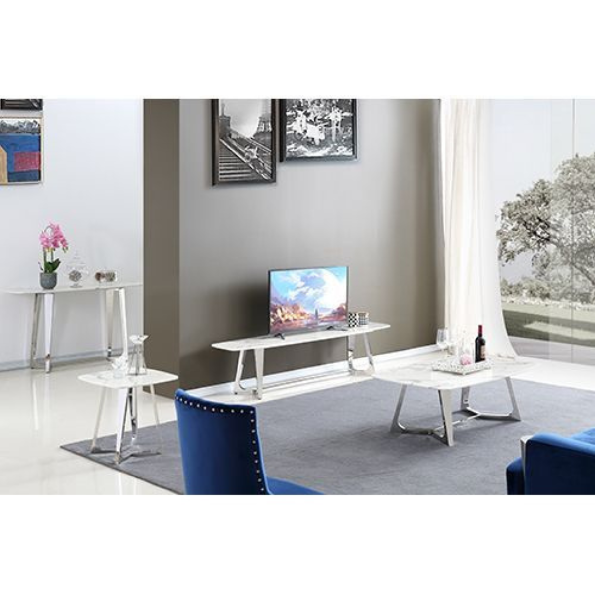 Beistelltisch BARI 2-tlg. Marmoroptik Silber 50x50x55 cm