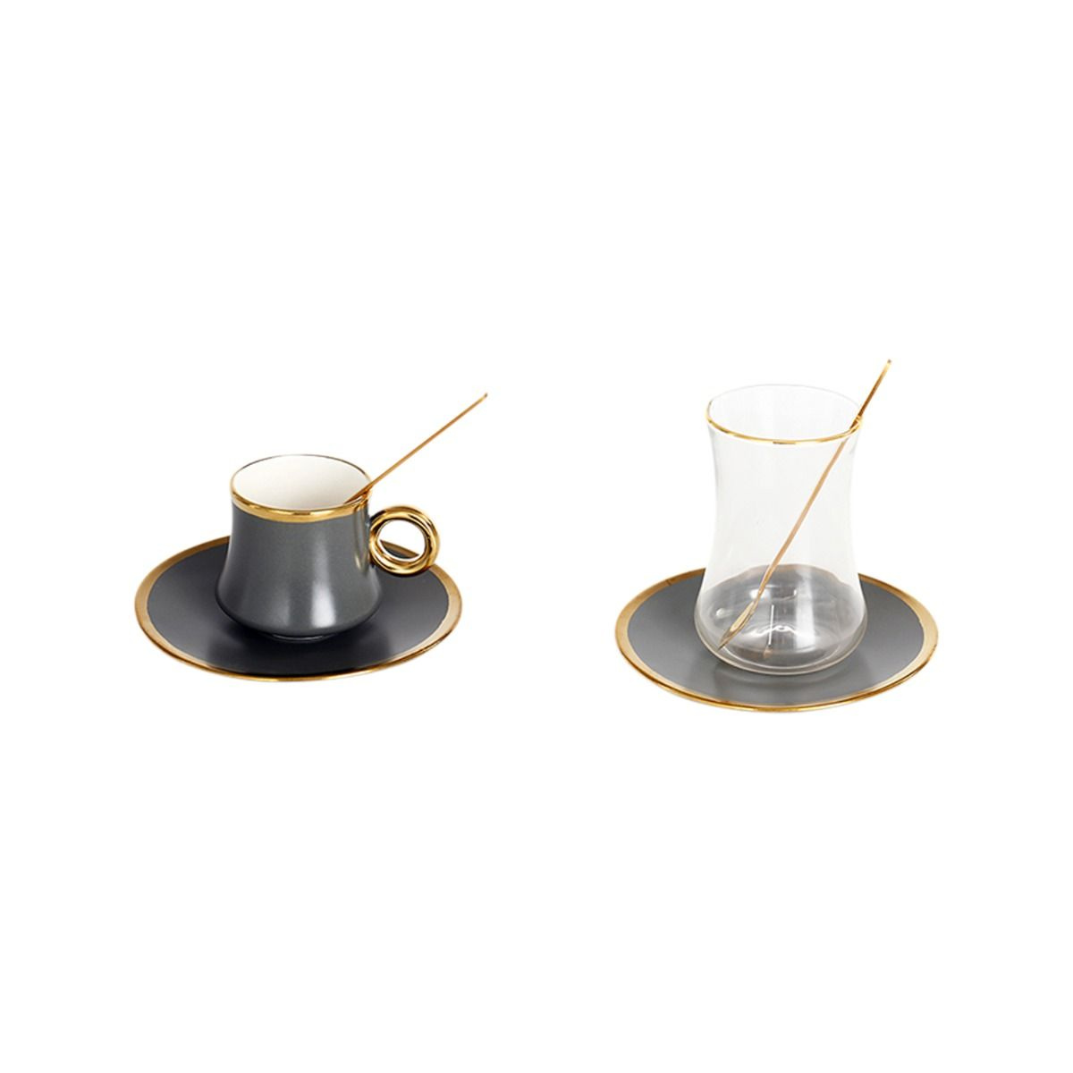 Bricard Tee-Espresso Set 24 teilig Grau Gold inkl. Löffel und Untertasse