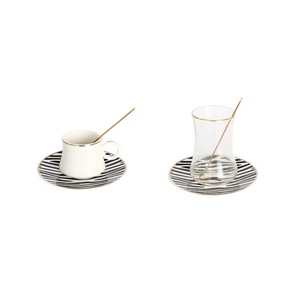 Bricard Tee-Espresso Set 24 teilig Schwarz Gold inkl. Löffel und Untertasse