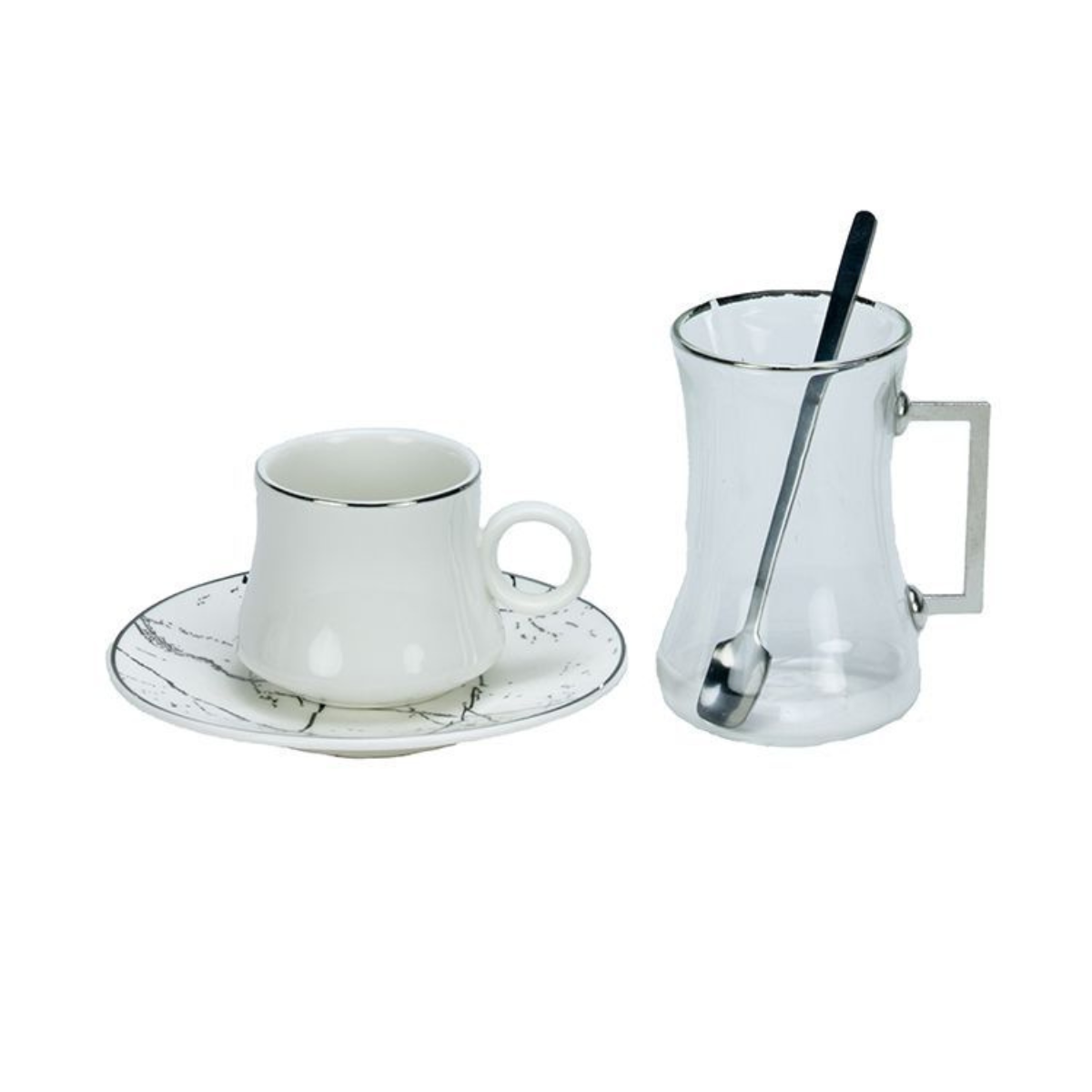 Bricard Tee-Espresso Set 24 teilig Weiß Silber inkl. Löffel und Untertasse