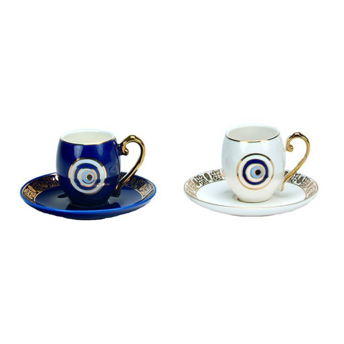 Espresso Set 4 teilig Weiß und Blau mit Untertassen Nazar Boncuk Design