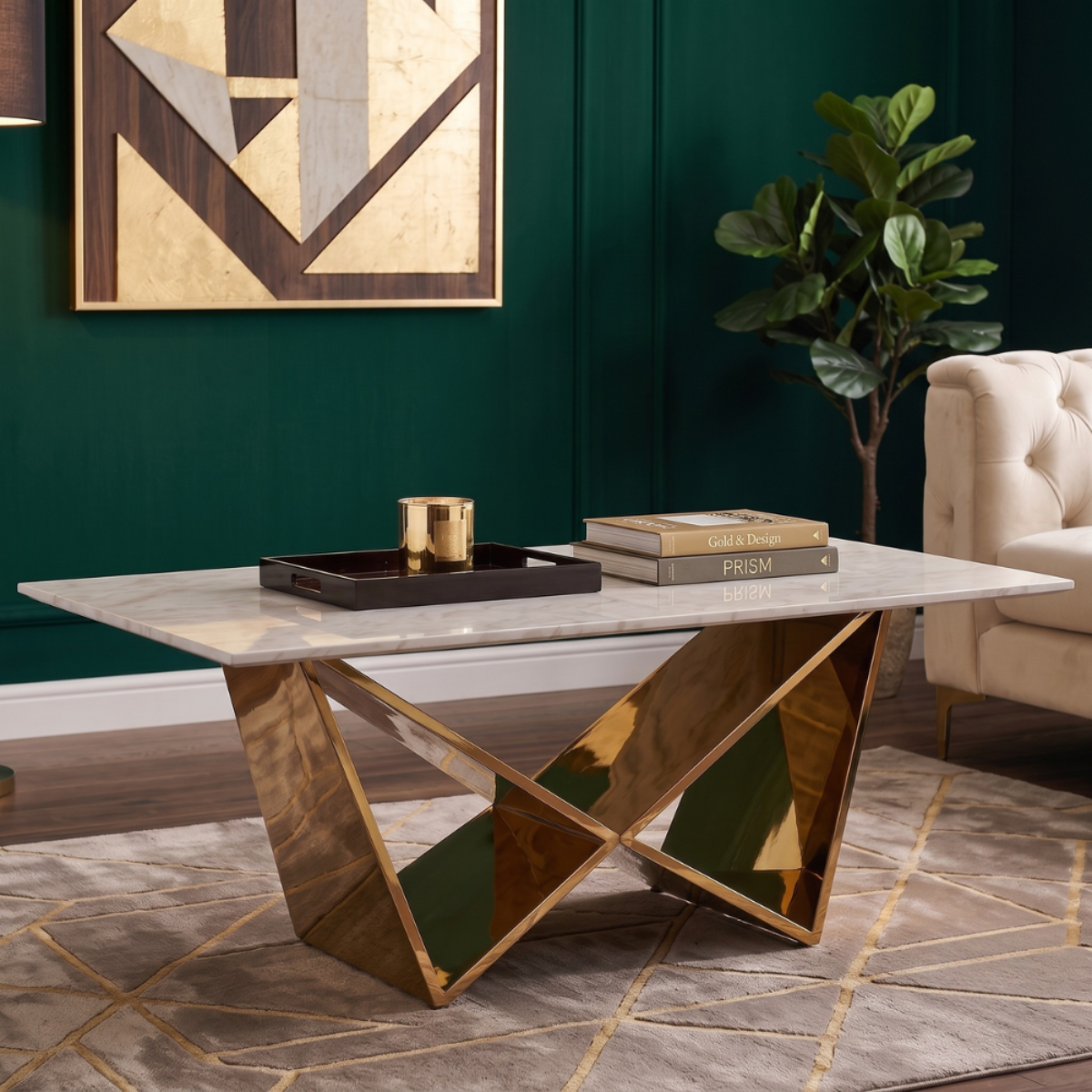 Design-Couchtisch CENTO Rechteckiger Wohnzimmertisch in Marmor-Optik mit geometrischem Edelstahl-Gestell (130 x 70 cm)
