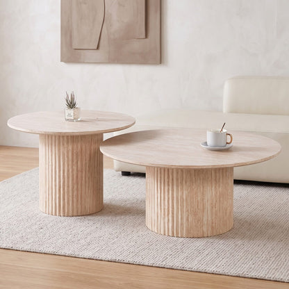 Couchtisch Set Premium TIVOLI in edler Travertin-Optik geriffelte Säulenbeinen  Ø 80x36cm, Ø 60x42cm