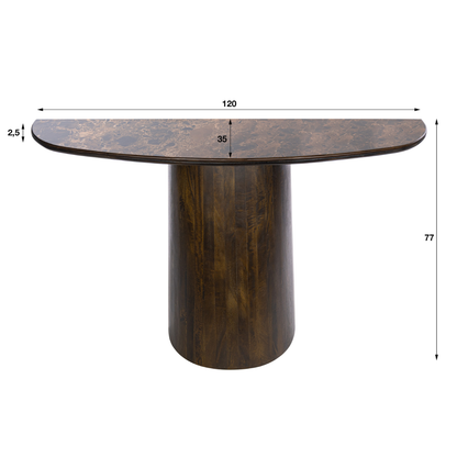 Konsolentisch PIETRA CALDA Halbrunde Konsole mit Dark-Emperador-Keramikplatte und Mango Holz-Säulenfuß