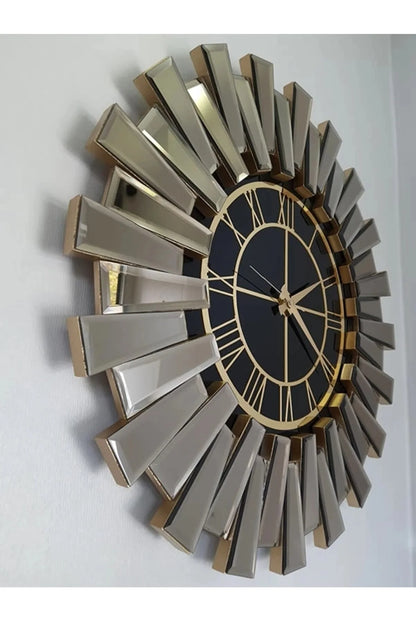Diamond Spiegeluhr silber gold auf schwarzem Spiegel 75cm