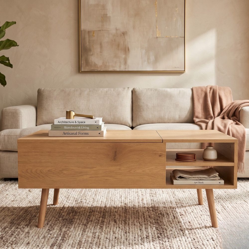 Couchtisch MALMÖ mit Lift-Top Funktion & verstecktem Stauraum, 100x50 cm hellbraun