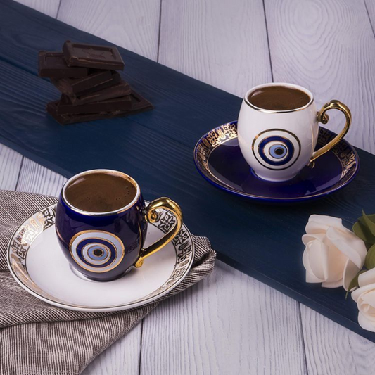 Espresso Set 4 teilig Weiß und Blau mit Untertassen Nazar Boncuk Design