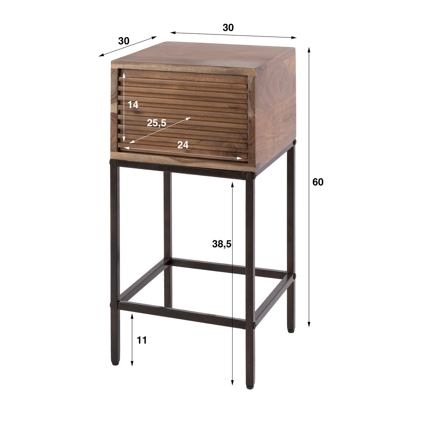 Nachttisch LINE XS Kompakte Akazienholz-Konsole mit Rillen-Front & Bronzegestell