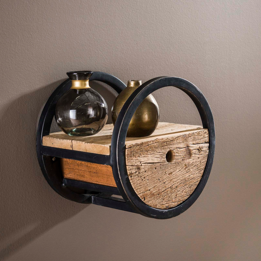 Wandregal CIRCULAR RUSTICO Rundes Upcycling-Regal aus Hartholz mit Schublade Ø 30 cm