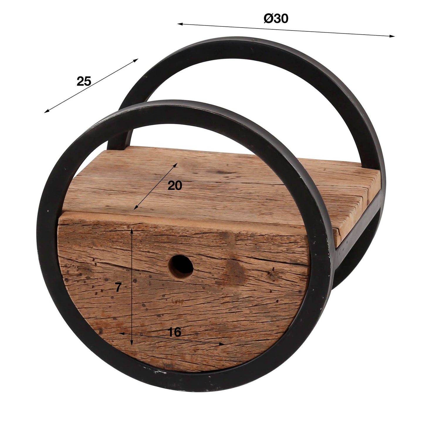 Wandregal CIRCULAR RUSTICO Rundes Upcycling-Regal aus Hartholz mit Schublade Ø 30 cm