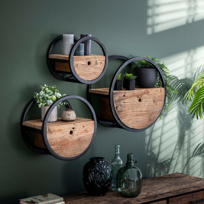 Wandregal CIRCULAR RUSTICO Rundes Upcycling-Regal aus Hartholz mit Schublade Ø 30 cm