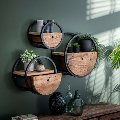 Wandregal CIRCULAR RUSTICO Rundes Upcycling-Regal aus Hartholz mit Schublade Ø 30 cm