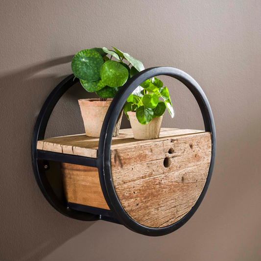 Wandregal CIRCULAR RUSTICO Rundes Upcycling-Regal aus Hartholz mit Schublade Ø 40 cm
