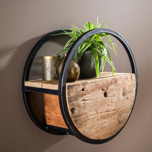 Wandregal CIRCULAR RUSTICO Rundes Upcycling-Regal aus Hartholz mit Schublade Ø 50 cm