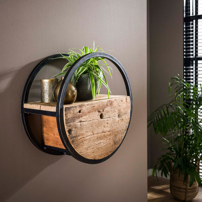 Wandregal CIRCULAR RUSTICO Rundes Upcycling-Regal aus Hartholz mit Schublade Ø 50 cm