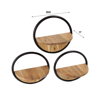 Wandregal-Set CIRCULO 3-teiliges Rundregal aus massiver Akazie mit Metallrahmen