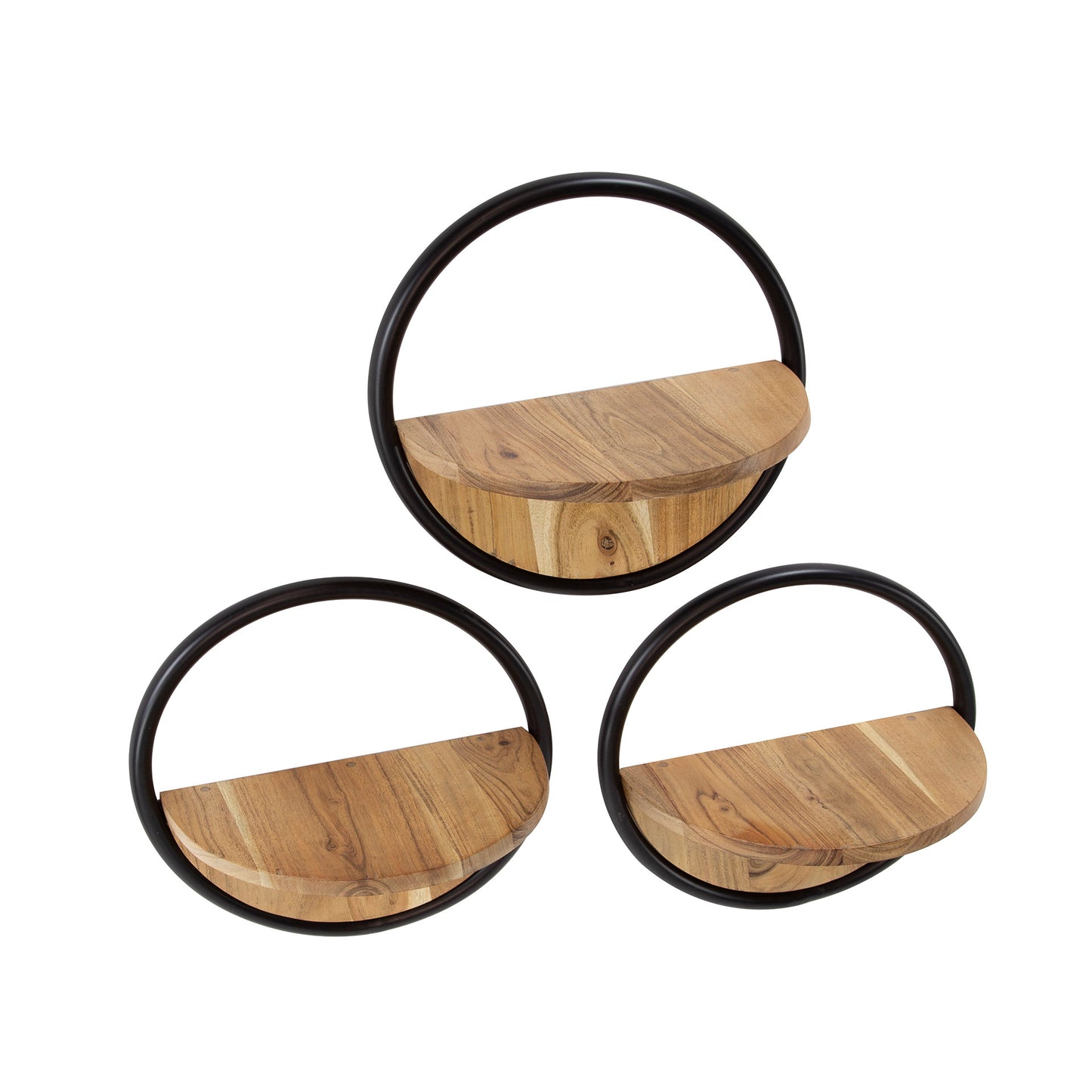 Wandregal-Set CIRCULO 3-teiliges Rundregal aus massiver Akazie mit Metallrahmen