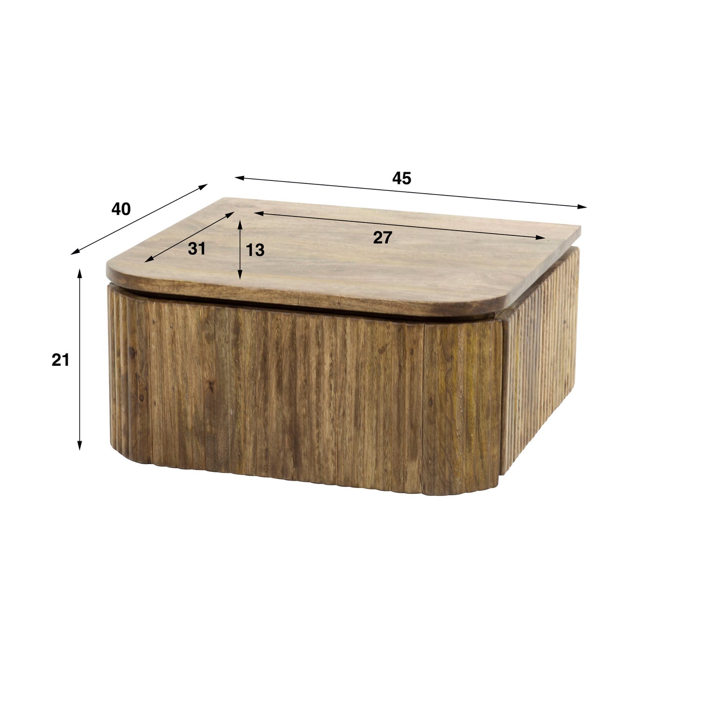 Nachttisch WAVE AERO Große schwebende Nachtkonsole aus Mangoholz mit Rillen-Optik 45 cm