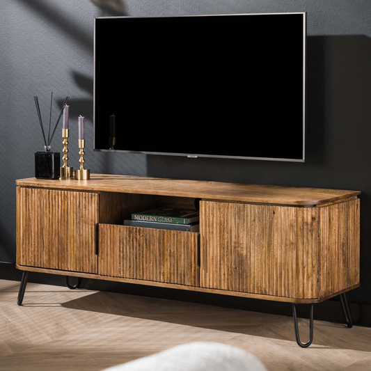 TV-Schrank RIVA Elegantes Massivholz-Lowboard mit Rillenfräsung & Hairpin-Legs