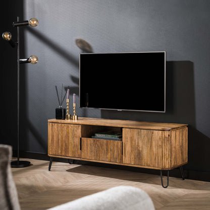 TV-Schrank RIVA Elegantes Massivholz-Lowboard mit Rillenfräsung & Hairpin-Legs