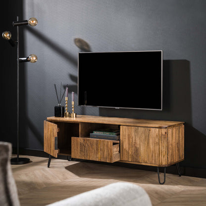 TV-Schrank RIVA Elegantes Massivholz-Lowboard mit Rillenfräsung & Hairpin-Legs