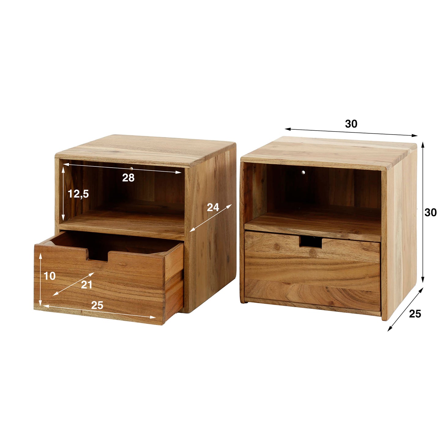 Nachttisch-Set FLAT XS 2 schwebende Nachtkonsolen aus massiver Akazie mit Fach & Schublade