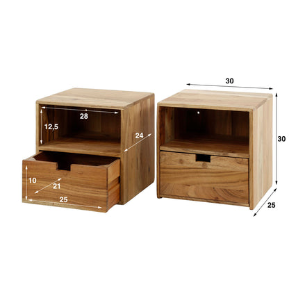 Nachttisch-Set FLAT XS 2 schwebende Nachtkonsolen aus massiver Akazie mit Fach & Schublade