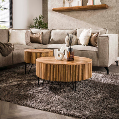 Couchtisch Set ELIO TAMBURO Runde Satztische aus Mangoholz im Lamellen-Design