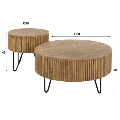 Couchtisch Set ELIO TAMBURO Runde Satztische aus Mangoholz im Lamellen-Design