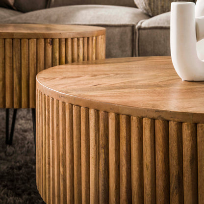 Couchtisch Set ELIO TAMBURO Runde Satztische aus Mangoholz im Lamellen-Design