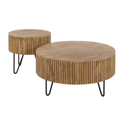 Couchtisch Set ELIO TAMBURO Runde Satztische aus Mangoholz im Lamellen-Design