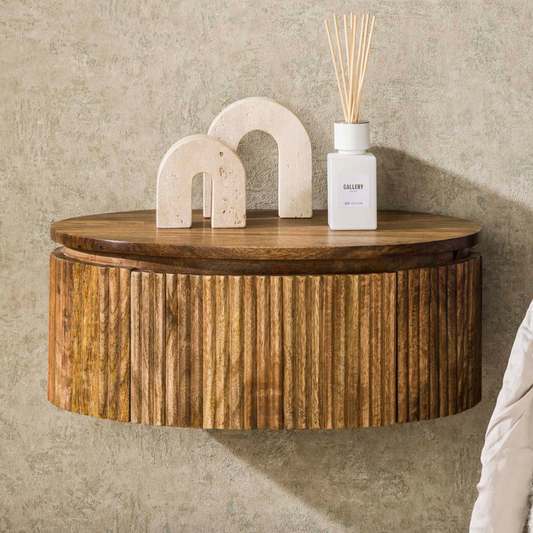 Nachttisch WAVE ROUND AERO Schwebende, halbrunde Nachtkonsole aus Mangoholz 50 cm