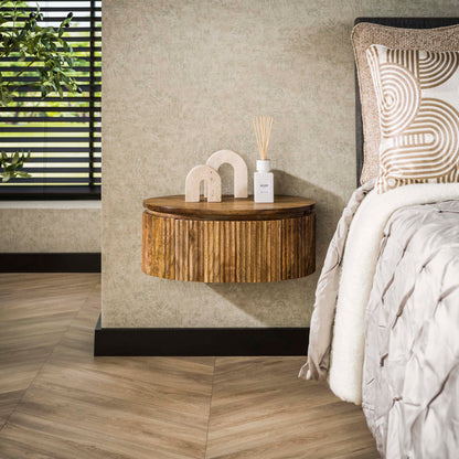 Nachttisch WAVE ROUND AERO Schwebende, halbrunde Nachtkonsole aus Mangoholz 50 cm