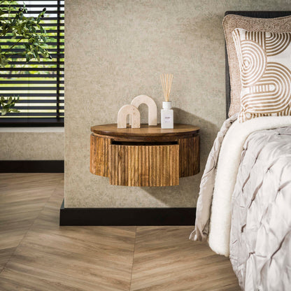 Nachttisch WAVE ROUND AERO Schwebende, halbrunde Nachtkonsole aus Mangoholz 50 cm