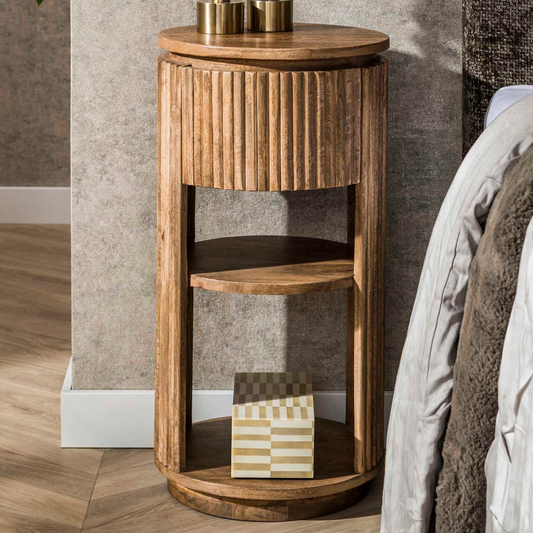 Nachttisch WAVE CYLINDER Runde Standkonsole aus Mangoholz mit Rillen-Design Ø 30 cm