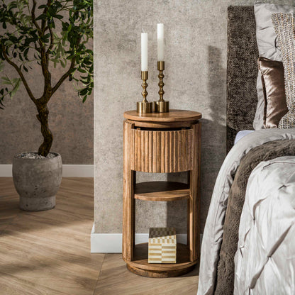 Nachttisch WAVE CYLINDER Runde Standkonsole aus Mangoholz mit Rillen-Design Ø 30 cm