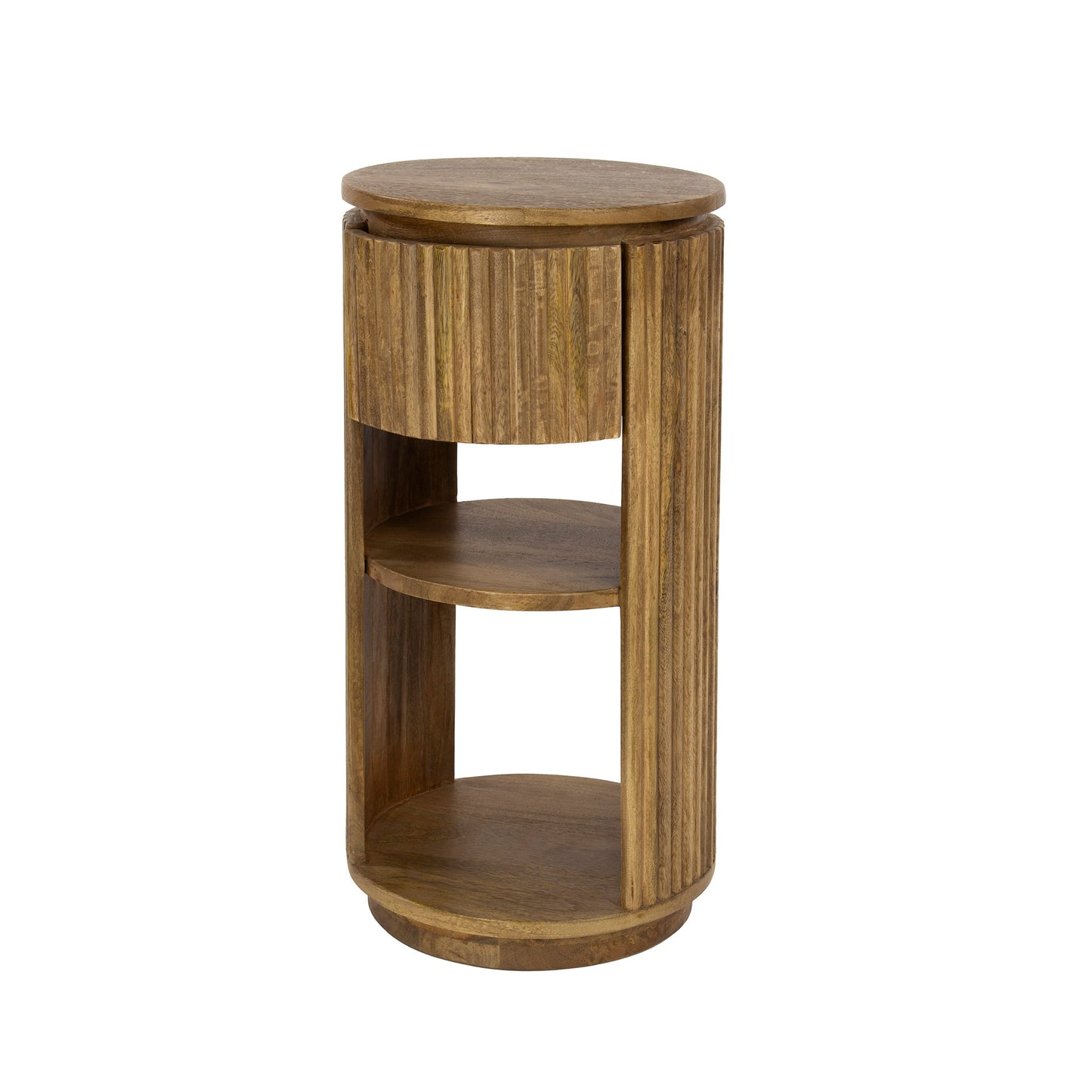 Nachttisch WAVE CYLINDER Runde Standkonsole aus Mangoholz mit Rillen-Design Ø 30 cm
